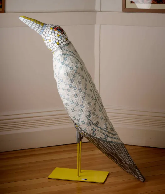 Bird with knitted jacket by Sandie Wright