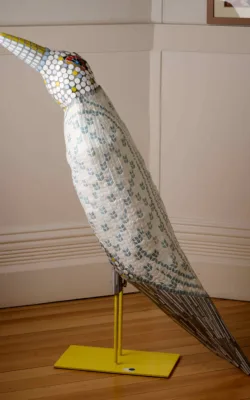 Bird with knitted jacket by Sandie Wright
