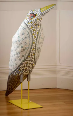Bird with knitted jacket by Sandie Wright