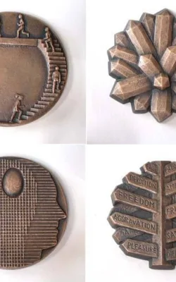 Four Medallions: Slide, Life Choices, Crystal Cluster, Great Minds Think Alike by Michael Meszaros OAM
