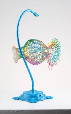 RARE wide mouth rainbow fish on stand by Jody Galvin