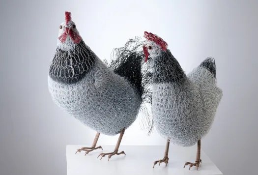 The Duke and the Duchess (white Sussex hen and rooster) by Vicki Combridge